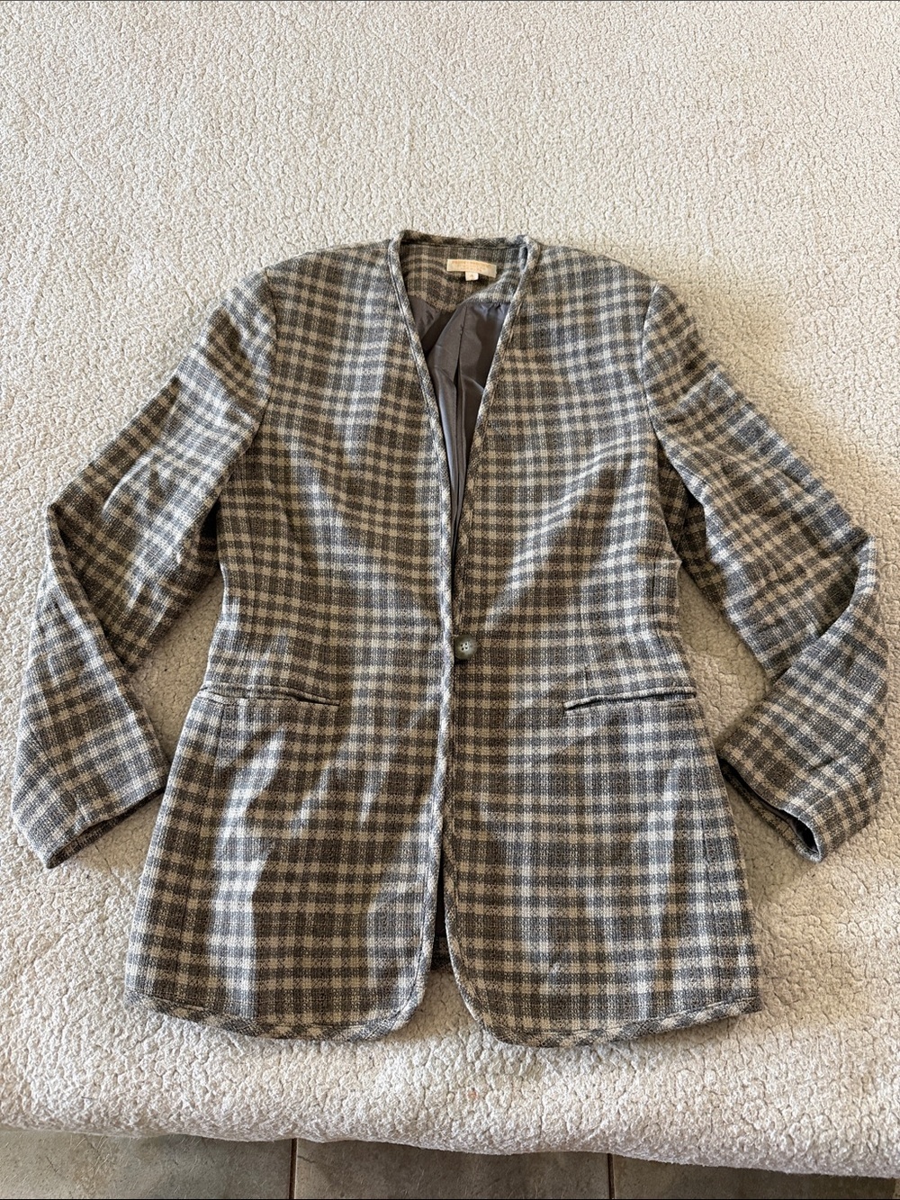 Vintage Brooks Brothers Gray and Cream Plaid Collarless Wool Blazer 4